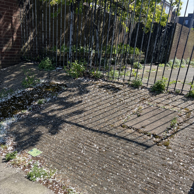 Bank to fence, handrail beside it 